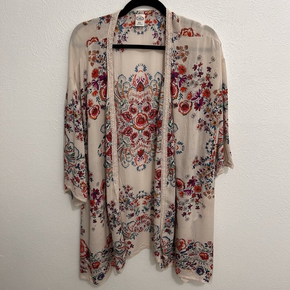 Bila Boho Hippie Floral Long Kimono Duster Cover-Up Cardigan Sz M/L Lace Trim - Picture 2 of 12